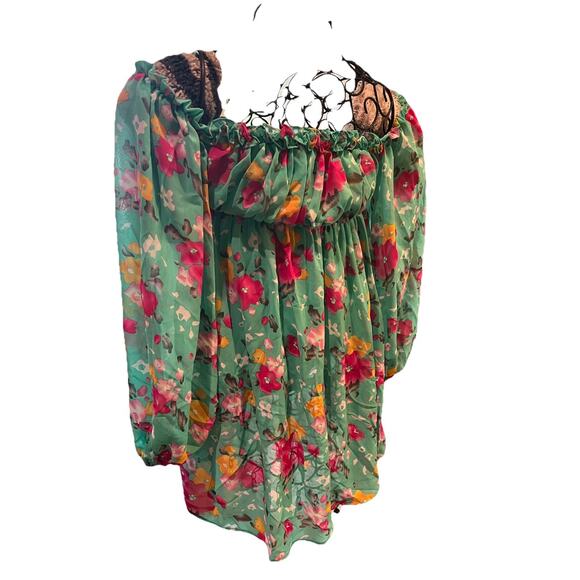 Basically Me Size MED Green Chiffon Floral Off The Shoulder Mini Cottage Fairy - Picture 1 of 8